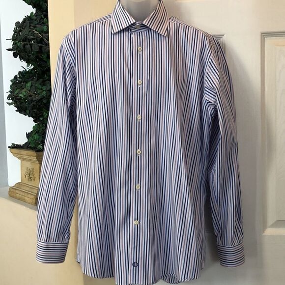 David Donahue Trim Dress shirt button down Men’s 17 34/35 White navy lavender - Picture 12 of 12
